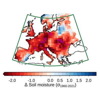 Soil moisture anomaly, June-August 2022; Emanuele Bevacqua, Dominik L. Schumacher & Sonia I. Seneviratne et al.